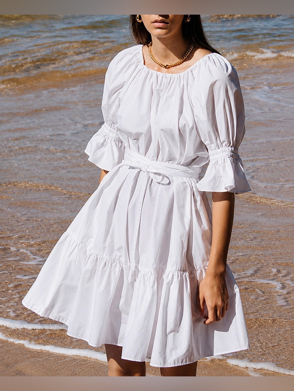 Ephemera White Smocked Poplin Zeppelin Mini babydoll Dress with Belt Size XS/SM